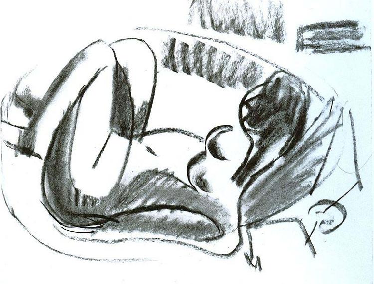 Ernst Ludwig Kirchner Reclining nude in a bathtub with pulled on legs - black chalk France oil painting art